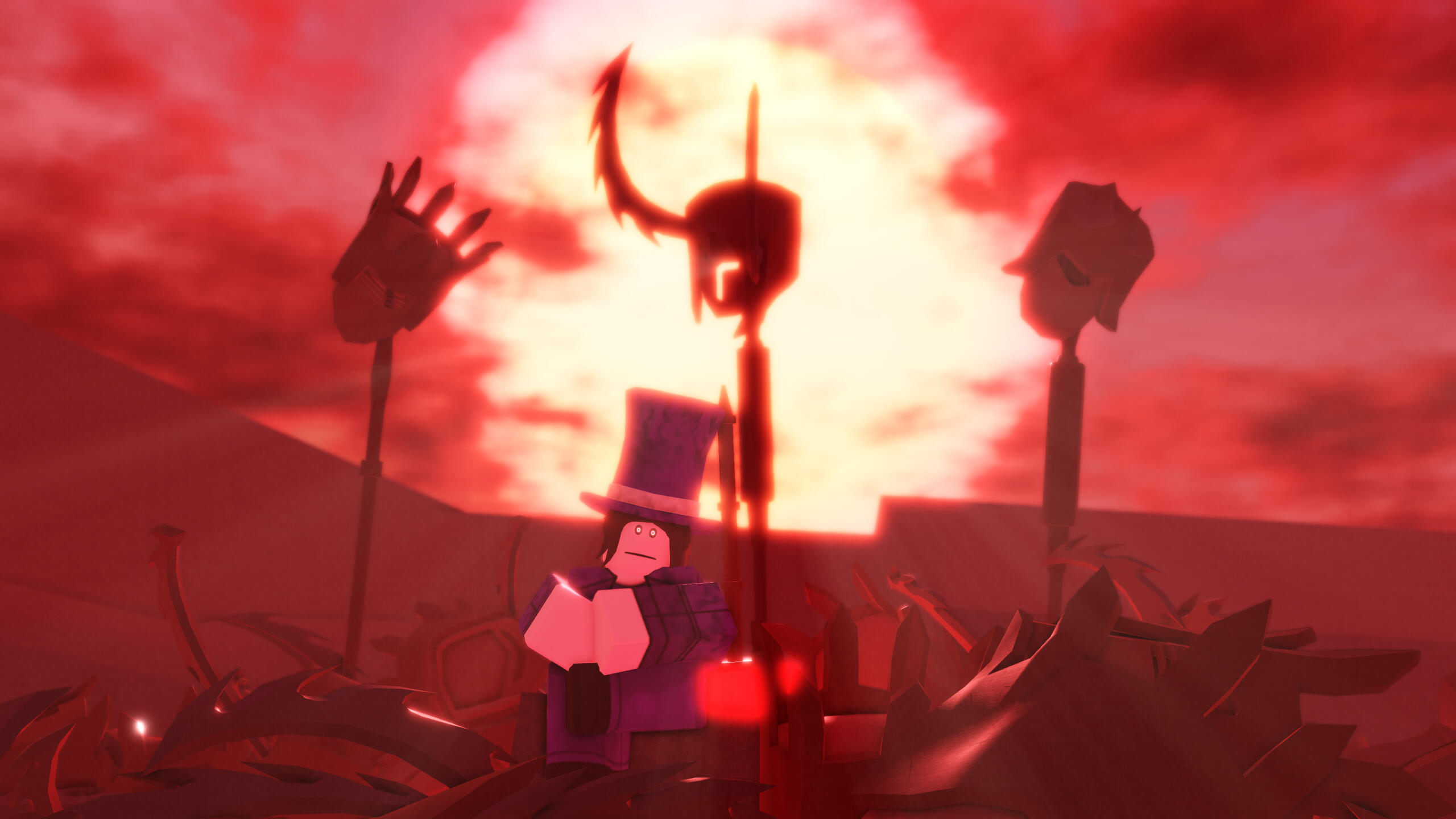 Carolina sitting on a rock surrounded by a pile of helmets under a red sky. Three helmets are hung by pikes, which are the heads of the emperors that she killed.